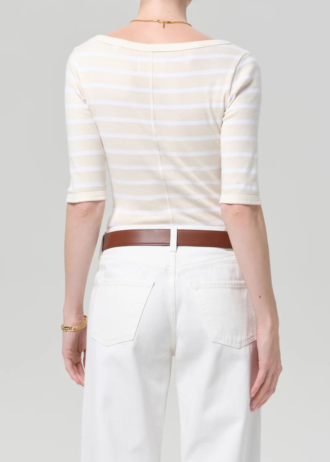 3/4 Sleeve Boat Neck Slim Tee in Brulee Stripe - Image 3