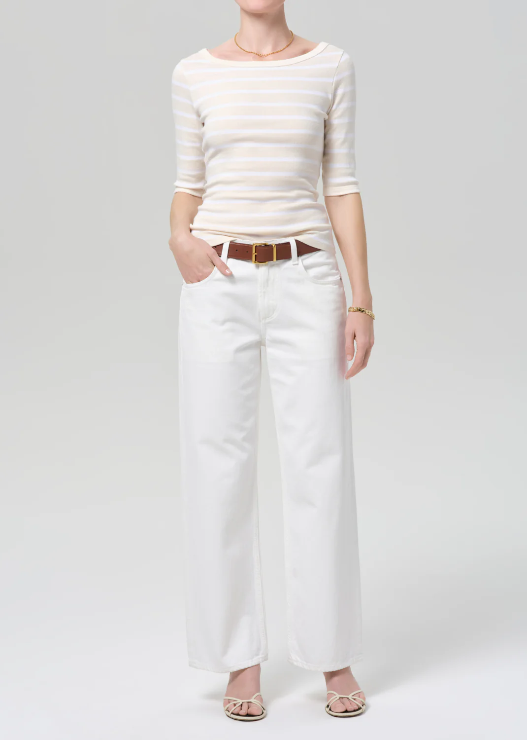 3/4 Sleeve Boat Neck Slim Tee in Brulee Stripe - Image 6