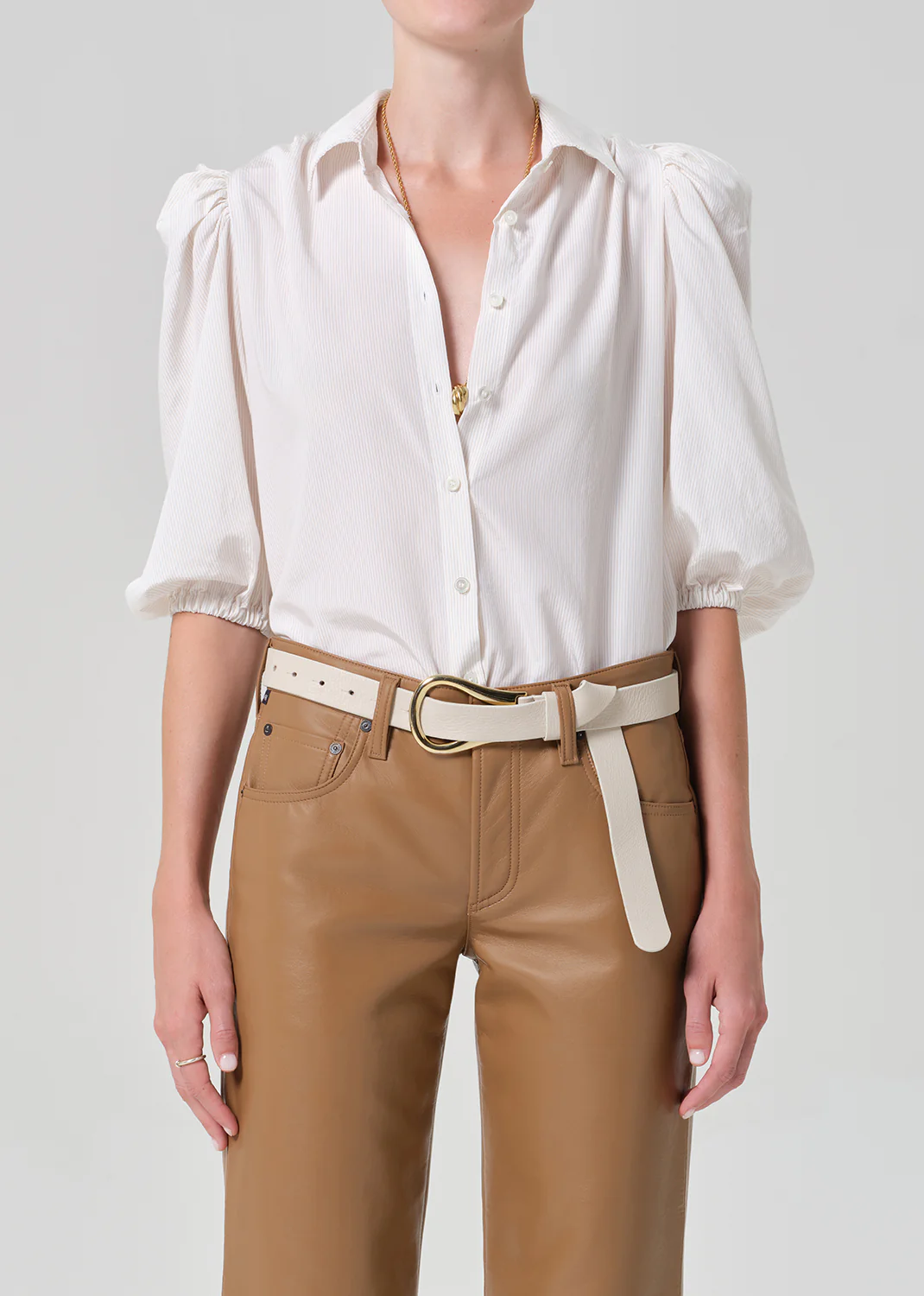 Anya Puff Sleeve Shirt in Sand Microstripe