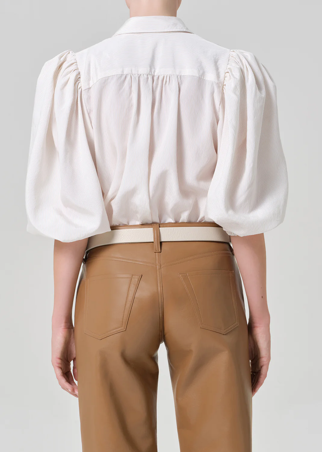 Anya Puff Sleeve Shirt in Sand Microstripe - Image 2