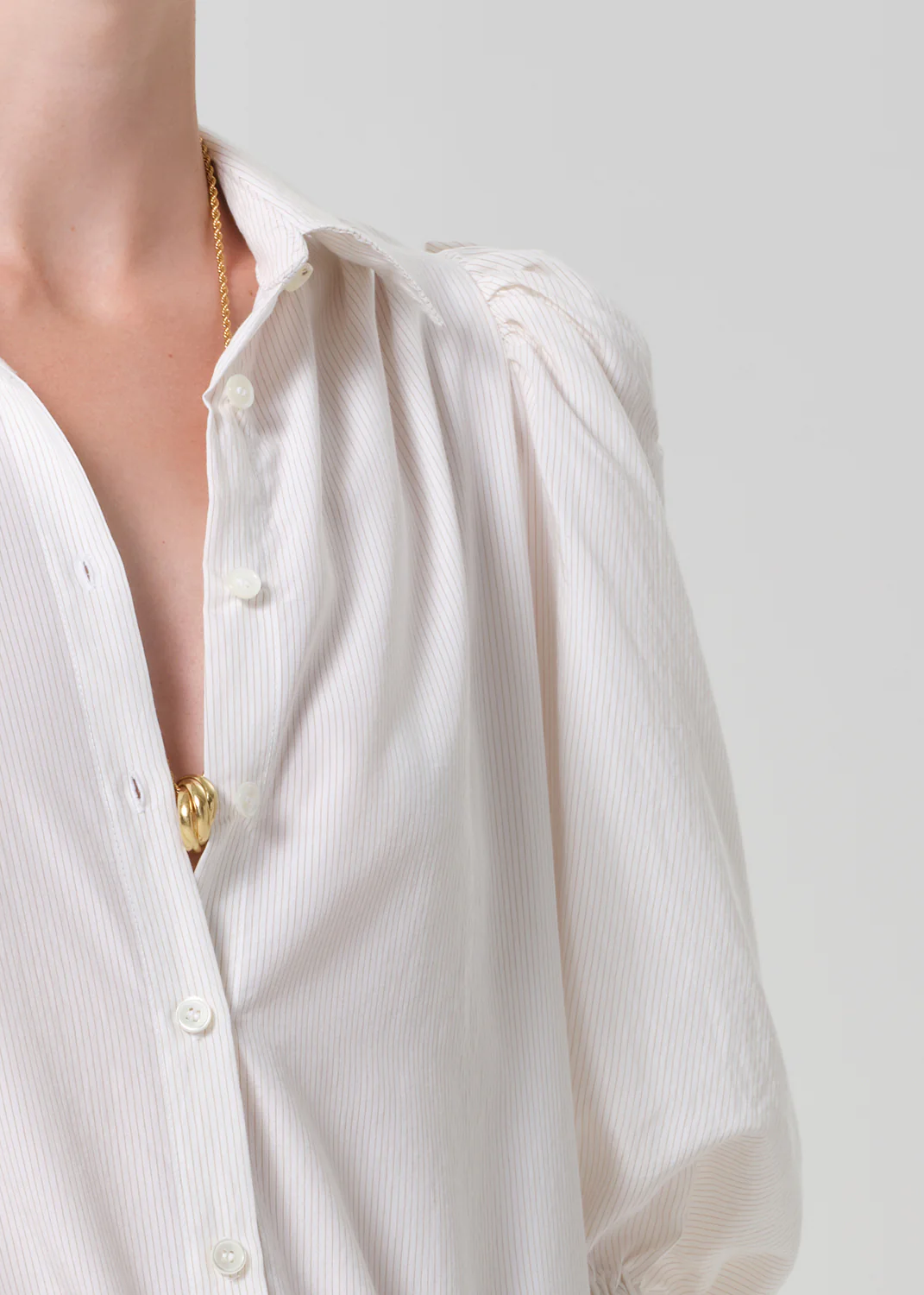 Anya Puff Sleeve Shirt in Sand Microstripe - Image 4