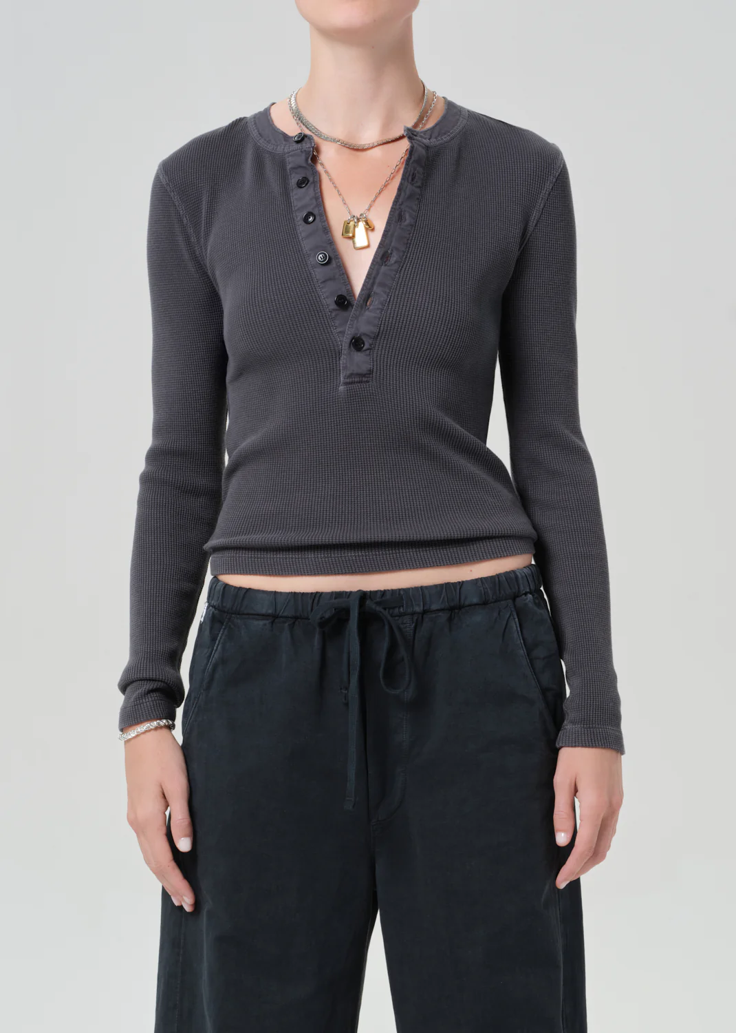Drea Waffle Henley in Charcoal