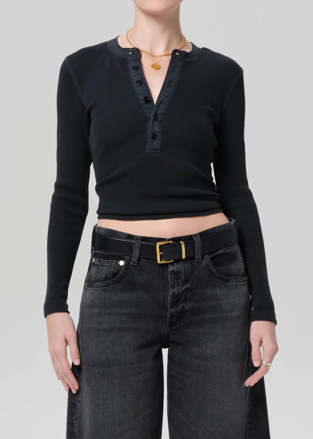 Drea Waffle Henley in Washed Black