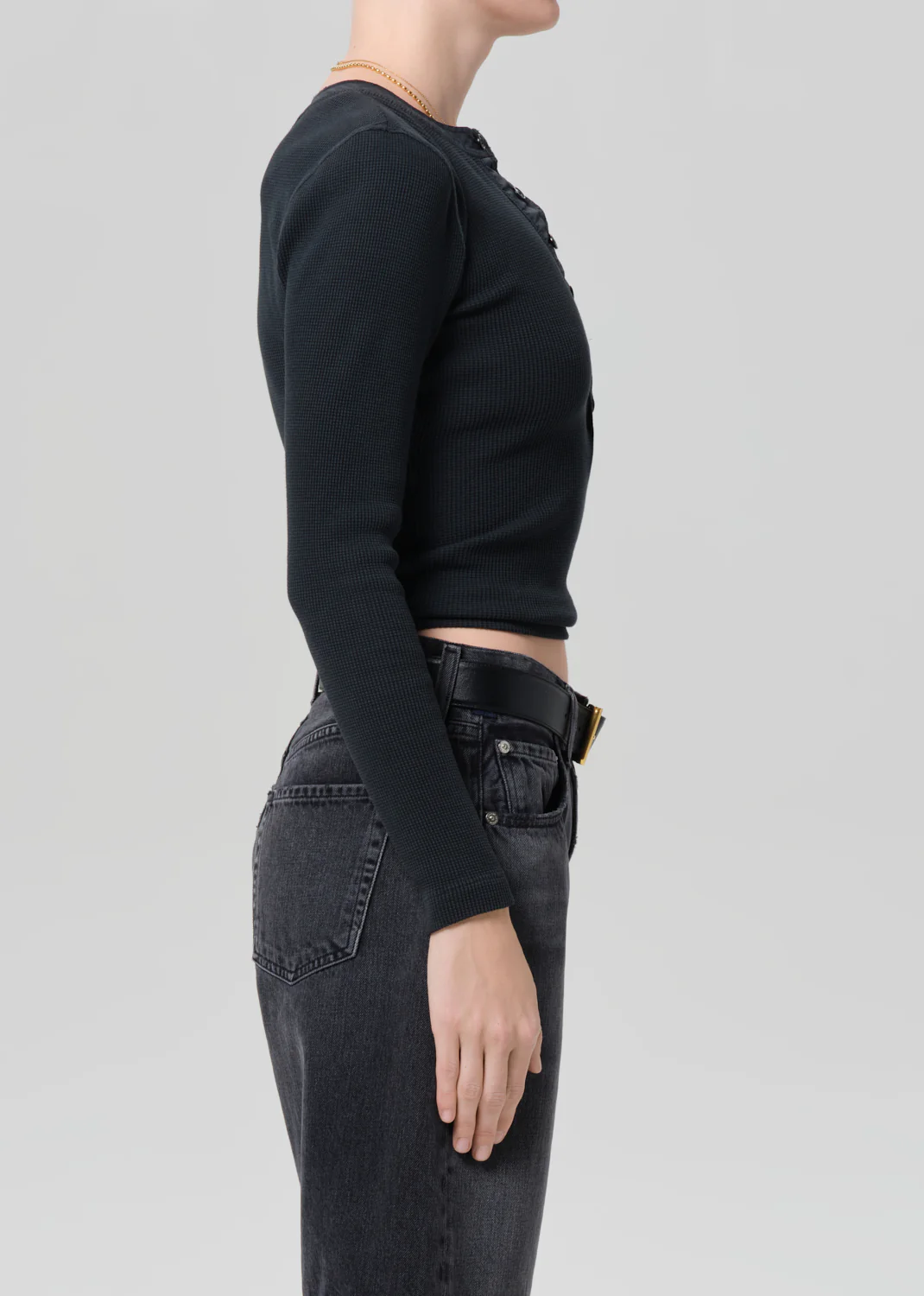 Drea Waffle Henley in Washed Black - Image 3