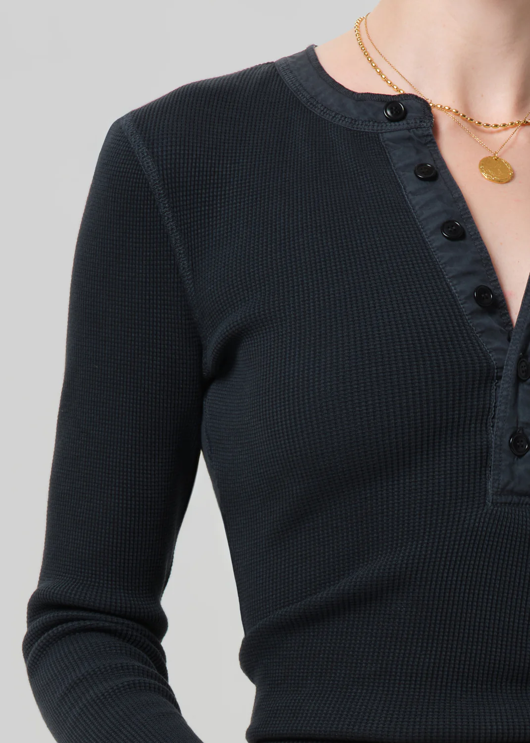 Drea Waffle Henley in Washed Black - Image 4