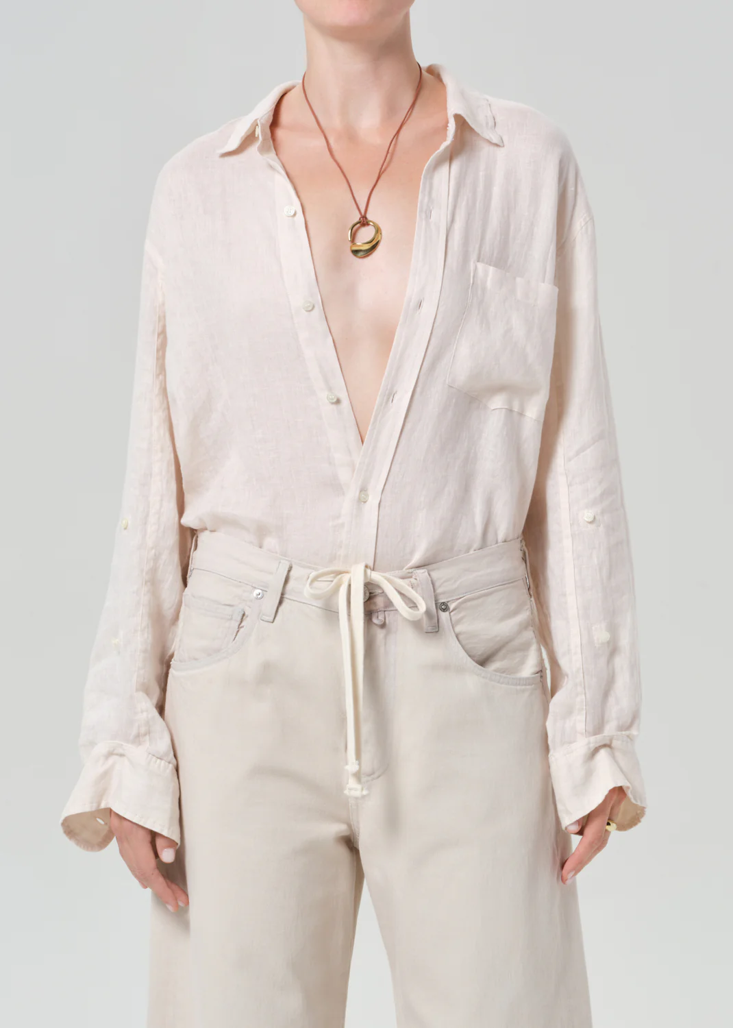 Kayla Shrunken Linen Shirt in Pale Stone