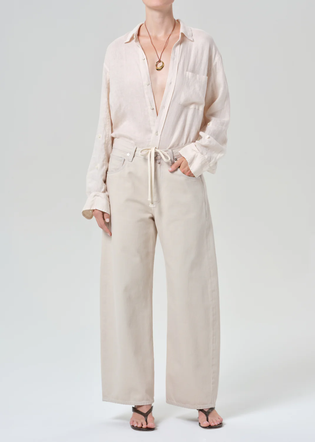 Kayla Shrunken Linen Shirt in Pale Stone - Image 5