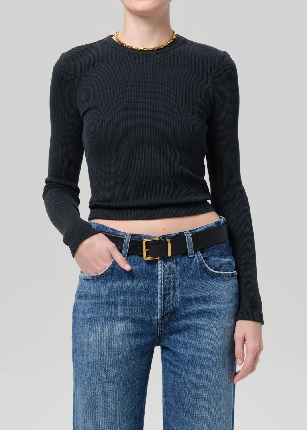 Pilar Waffle Crewneck in Washed Black